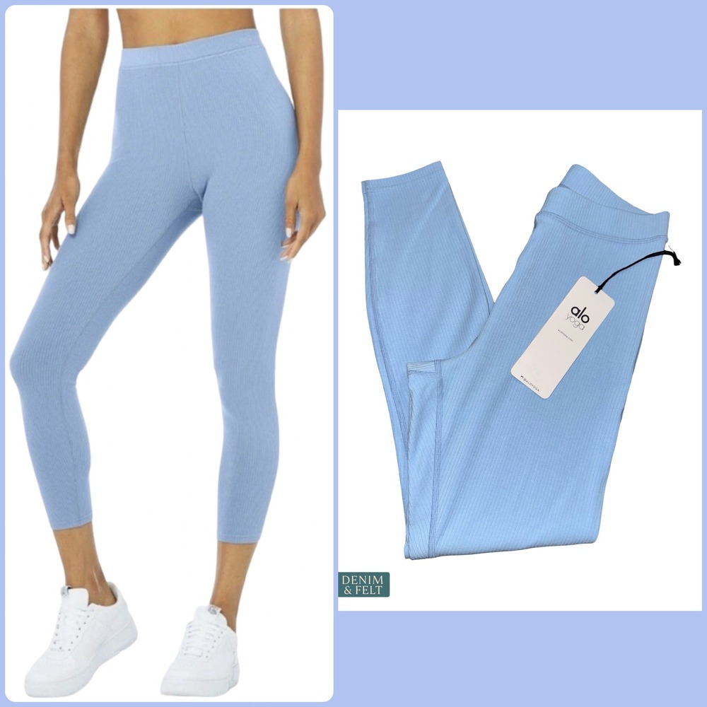 NEW Alo Yoga Ribbed High Waist 7/8 Blissful Legging Blue Athletic Pant Ribbed SM